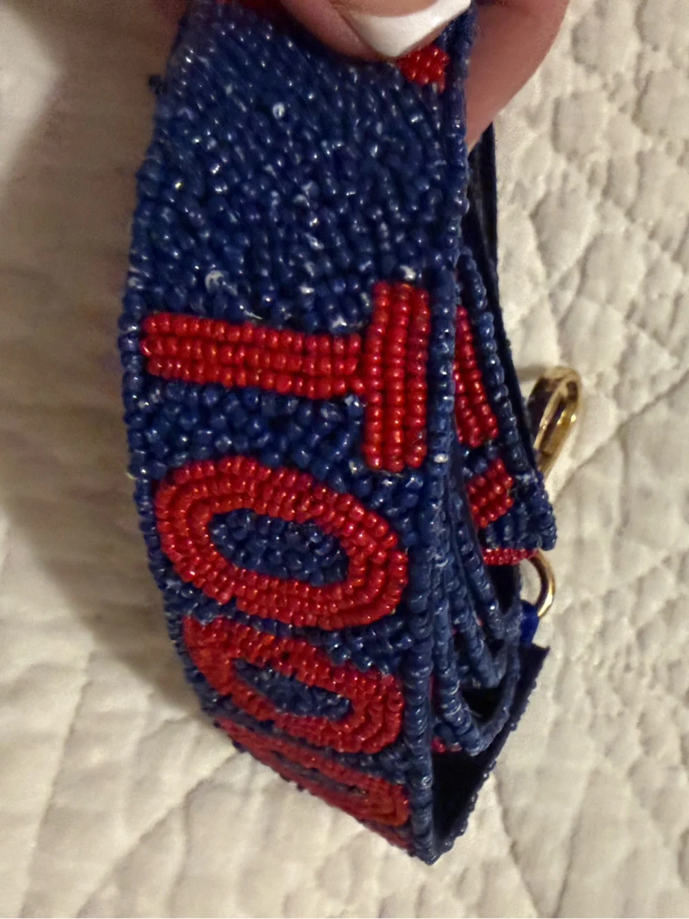 Hotty Toddy Navy Beaded Strap with Red Lettering
